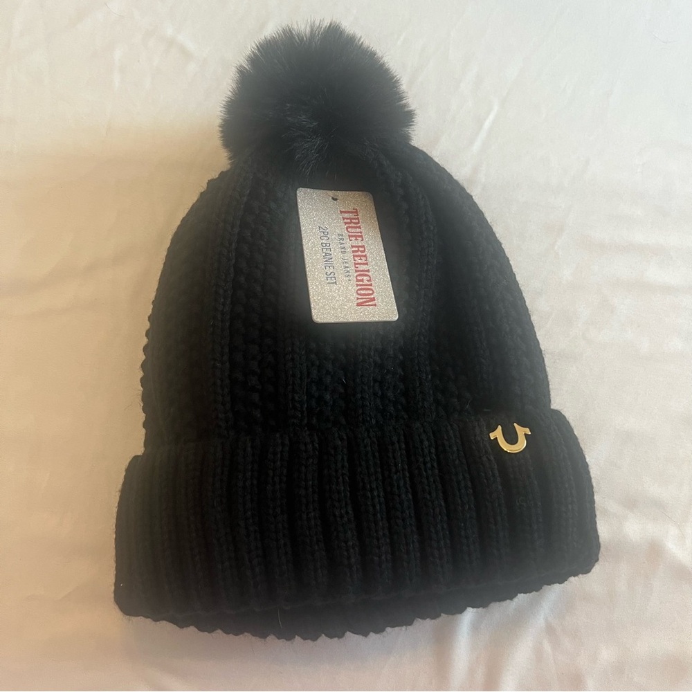 True Religion Black Knit Beanie with‎ Pom-Pom & Grey Beanie with Patch